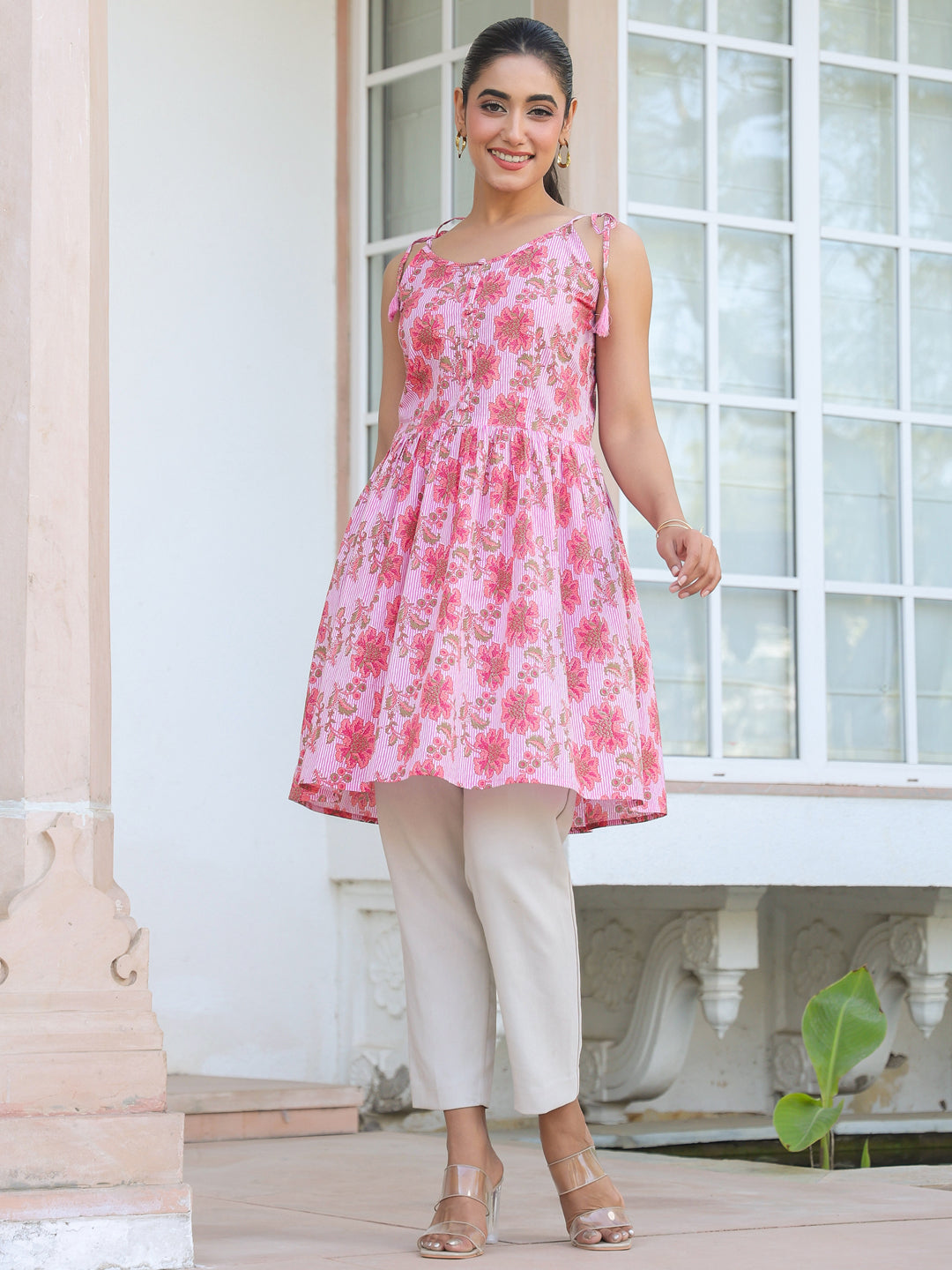 Janasya Bright Cotton Floral A-Line Tunic | Grocsy