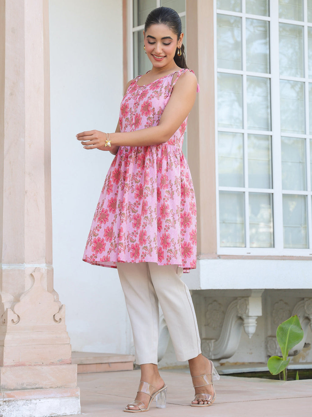 Janasya Bright Cotton Floral A-Line Tunic | Grocsy