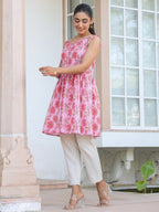 Janasya Bright Cotton Floral A-Line Tunic | Grocsy