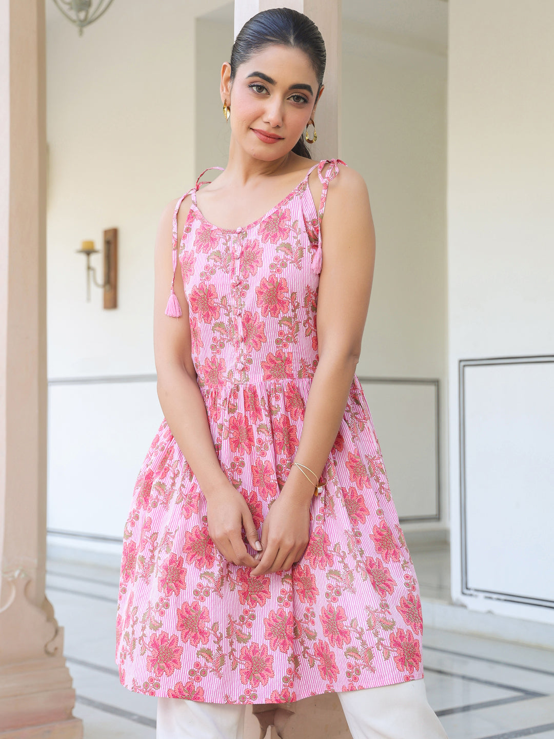 Janasya Bright Cotton Floral A-Line Tunic | Grocsy