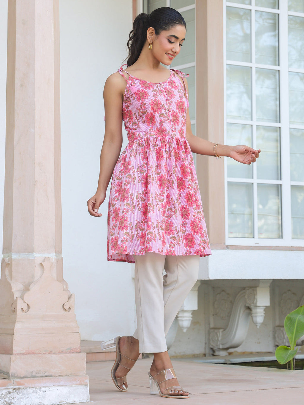 Janasya Bright Cotton Floral A-Line Tunic | Grocsy
