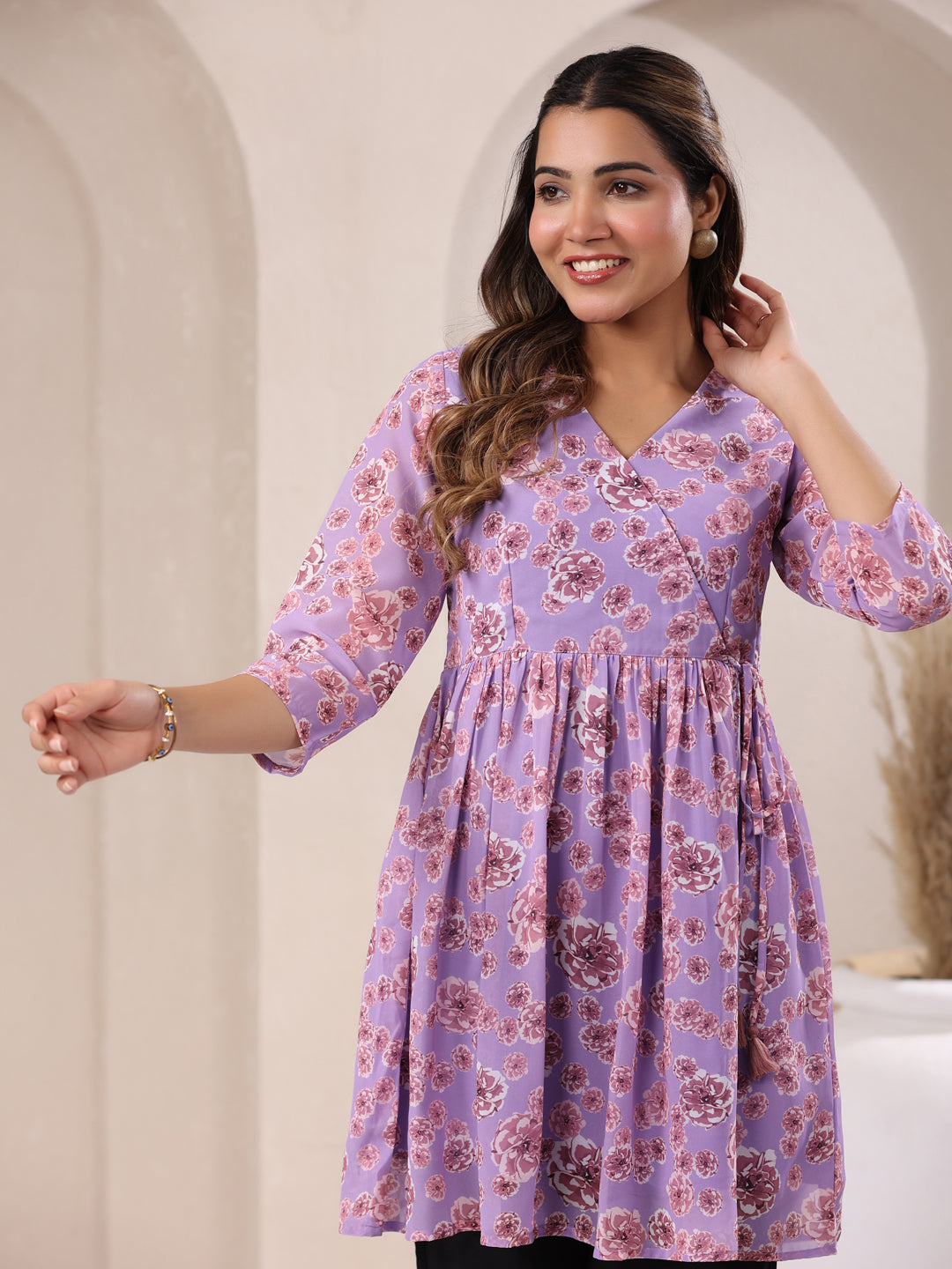 Janasya Bright Georgette Floral A-Line Tunic | Grocsy