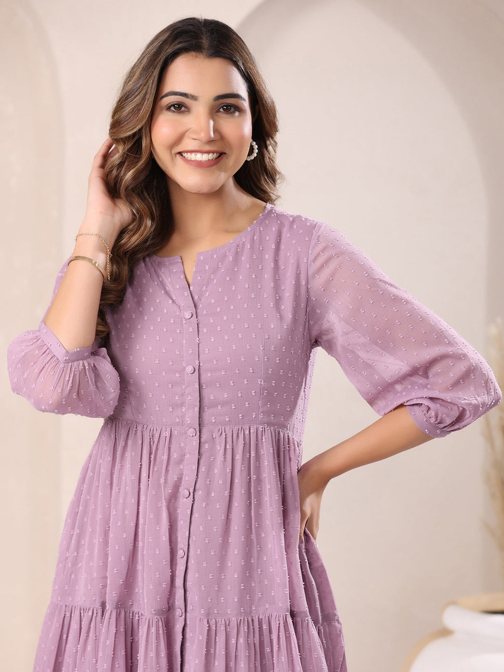 Janasya Dark Dobby Chiffon Self Design Tiered Tunic | Grocsy