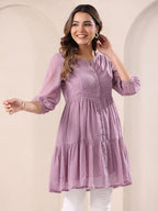 Janasya Dark Dobby Chiffon Self Design Tiered Tunic | Grocsy