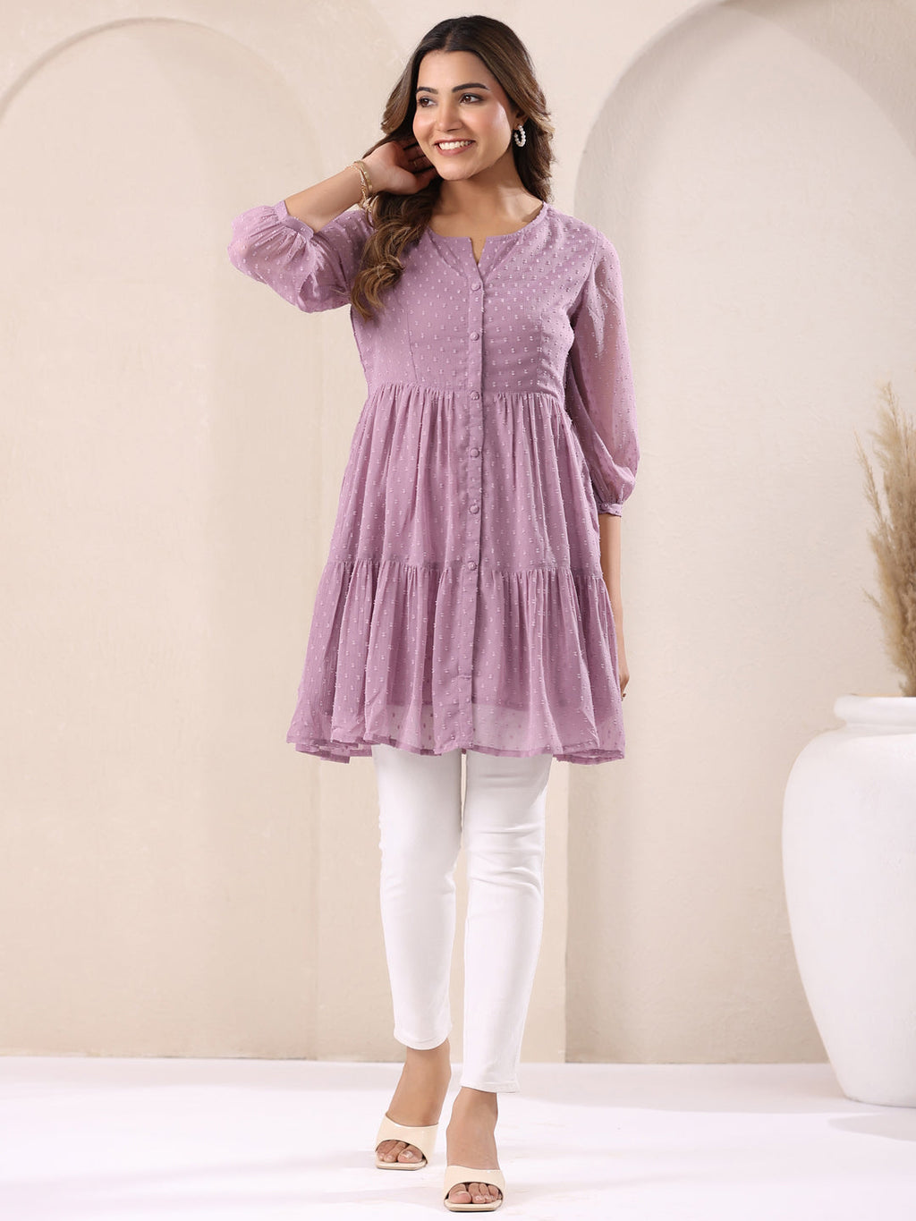 Janasya Dark Dobby Chiffon Self Design Tiered Tunic | Grocsy