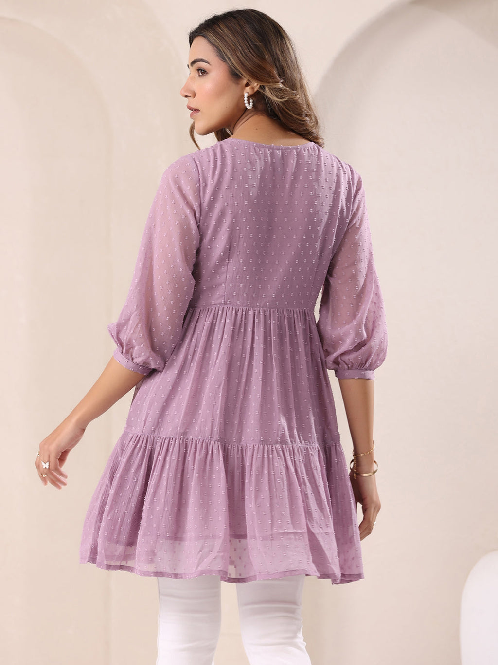 Janasya Dark Dobby Chiffon Self Design Tiered Tunic | Grocsy