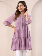 Janasya Dark Dobby Chiffon Self Design Tiered Tunic | Grocsy