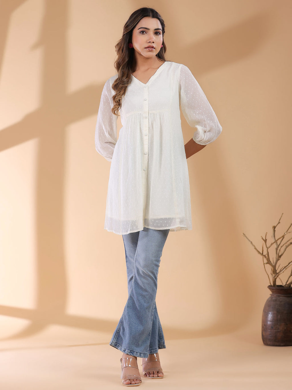 Janasya Light Dobby Chiffon Self Design A-Line Tunic | Grocsy