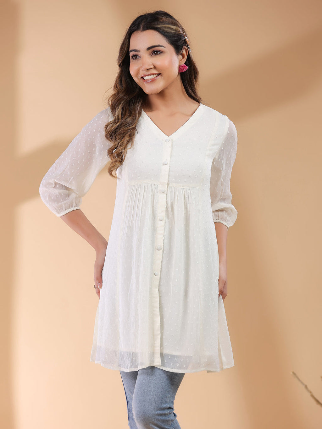 Janasya Light Dobby Chiffon Self Design A-Line Tunic | Grocsy