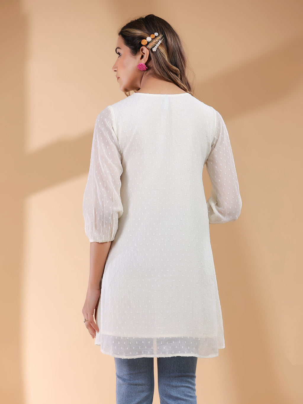 Janasya Light Dobby Chiffon Self Design A-Line Tunic | Grocsy
