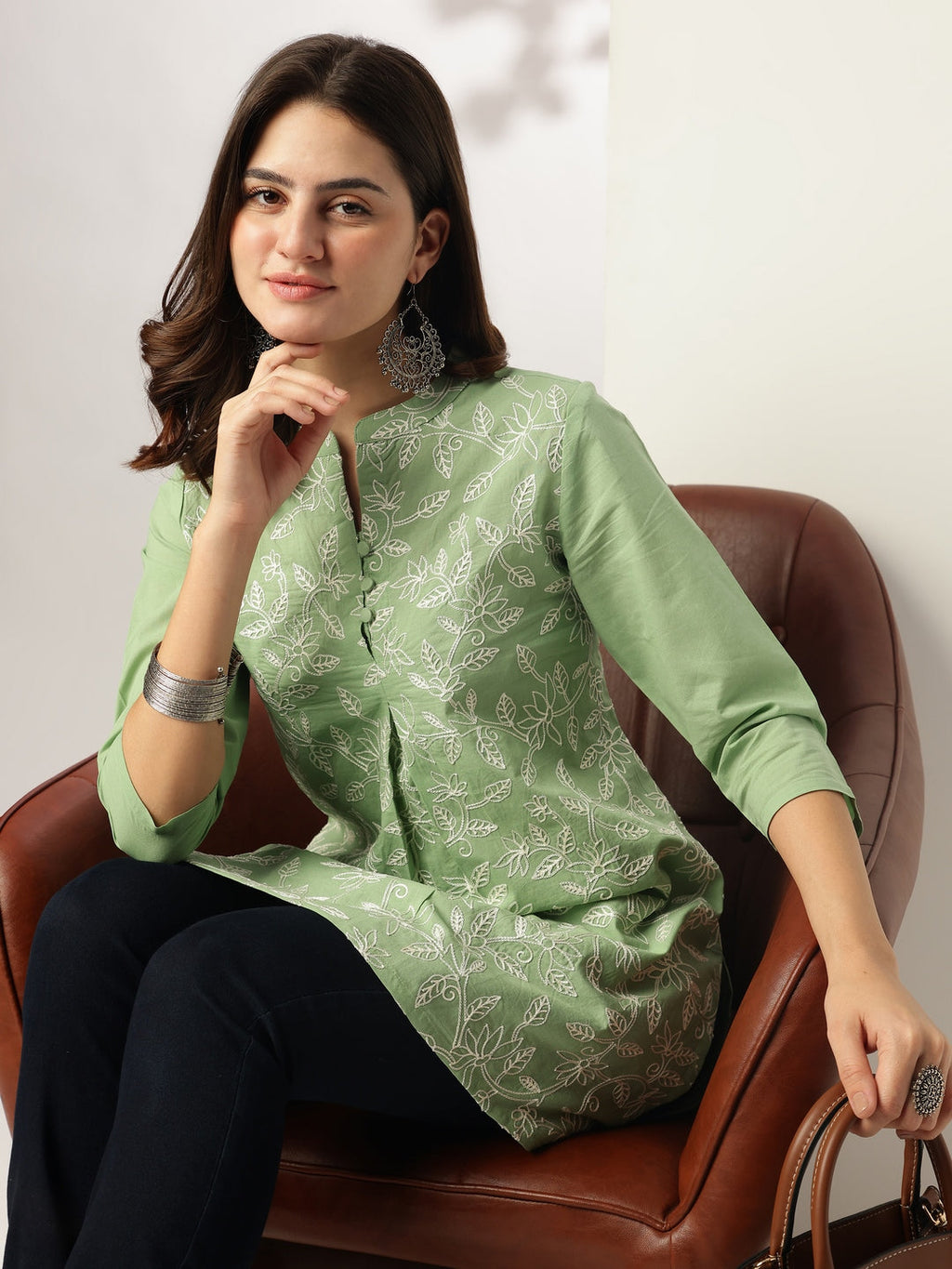 Janasya Light Cotton Embroidered A-Line Tunic | Grocsy