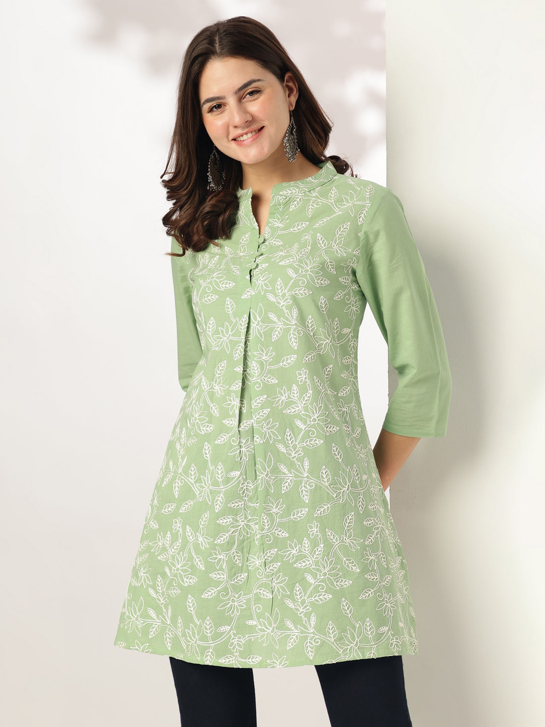 Janasya Light Cotton Embroidered A-Line Tunic | Grocsy