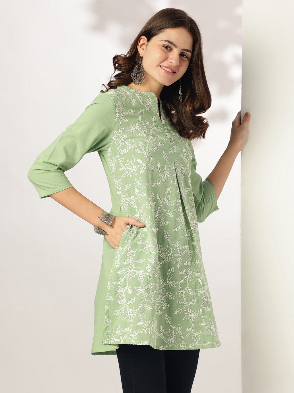 Janasya Light Cotton Embroidered A-Line Tunic | Grocsy