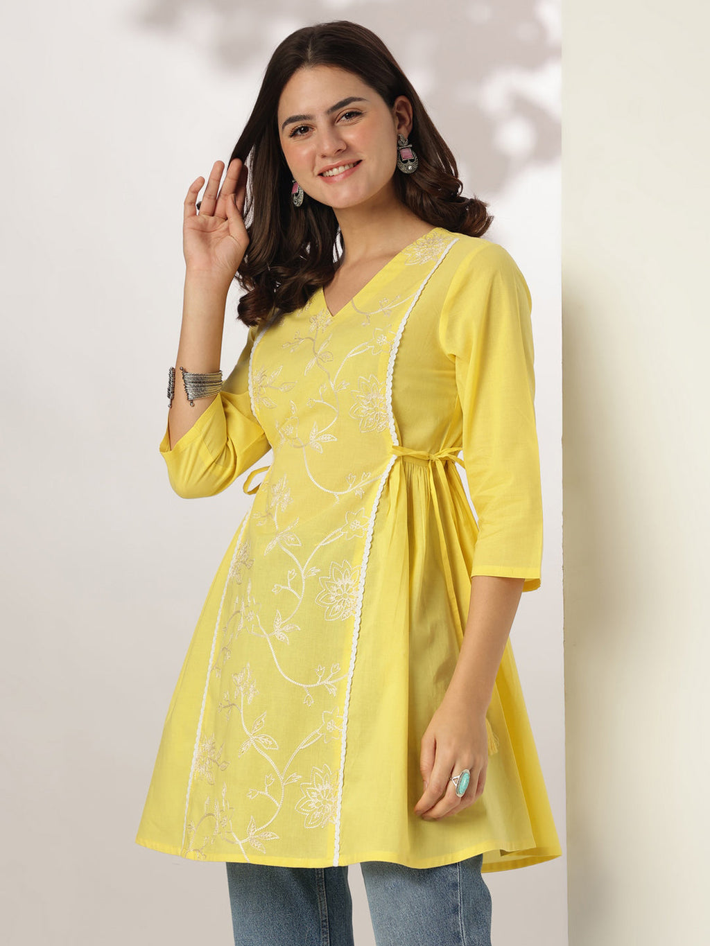 Janasya Bright Cotton Embroidered A-Line Tunic | Grocsy