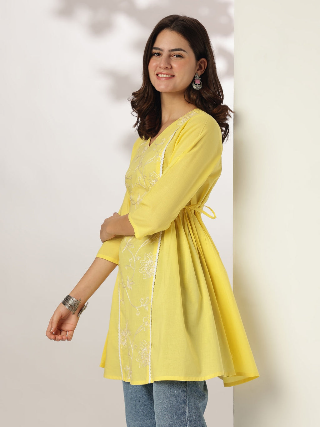 Janasya Bright Cotton Embroidered A-Line Tunic | Grocsy