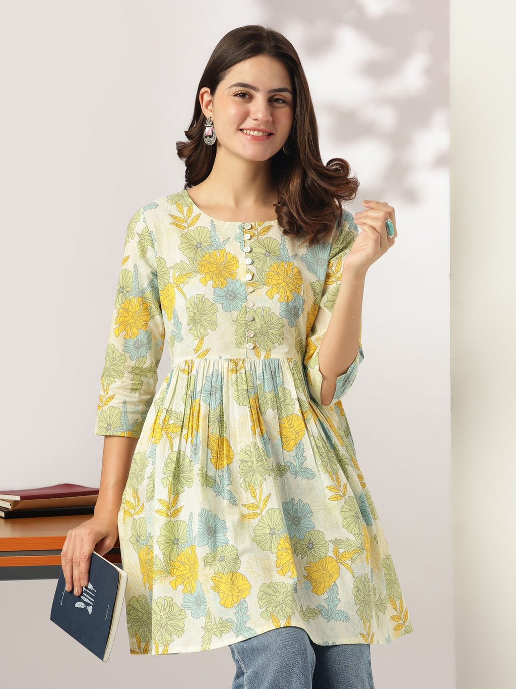 Janasya Light Cotton Floral A-Line Tunic | Grocsy