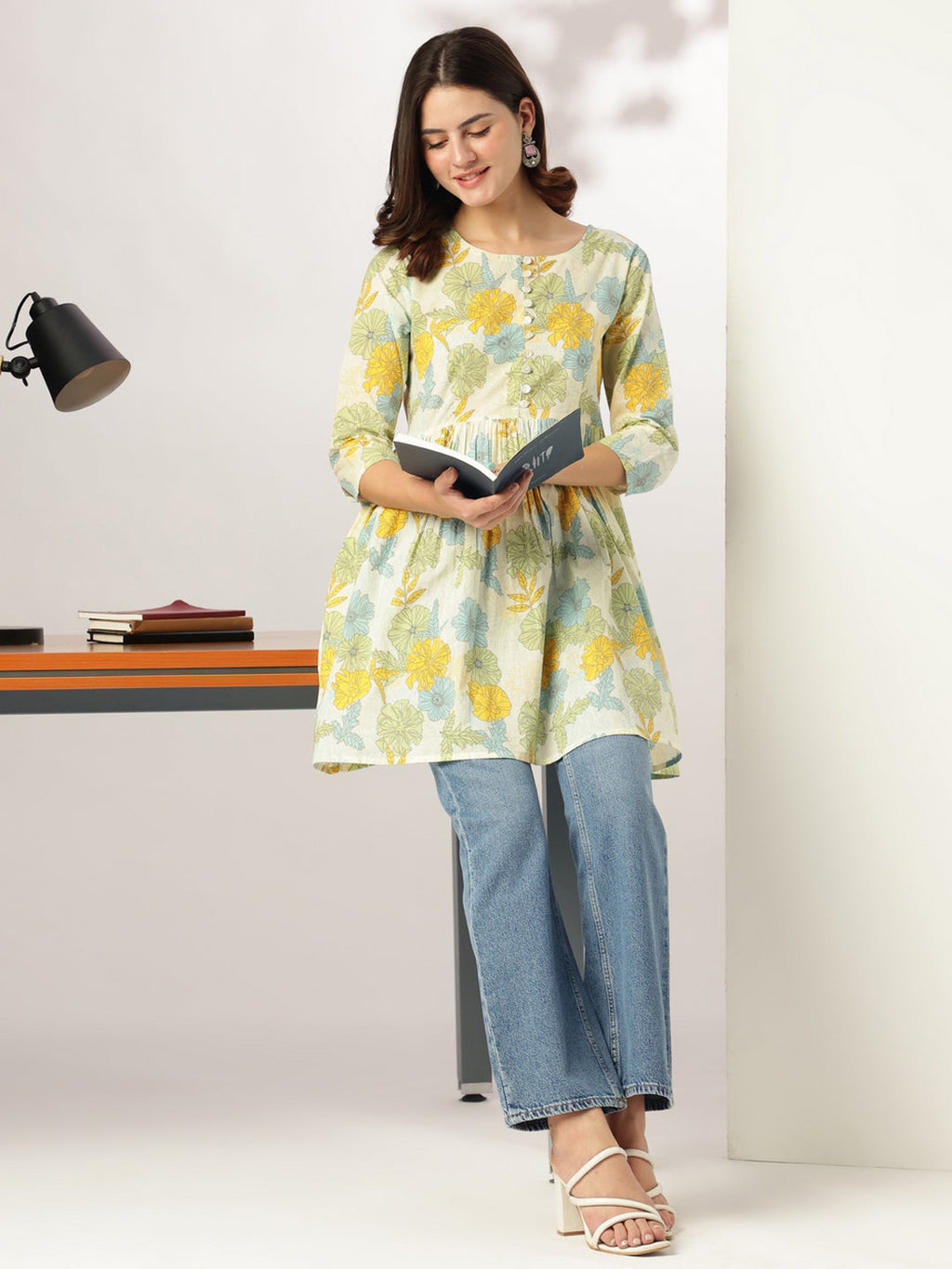 Janasya Light Cotton Floral A-Line Tunic | Grocsy