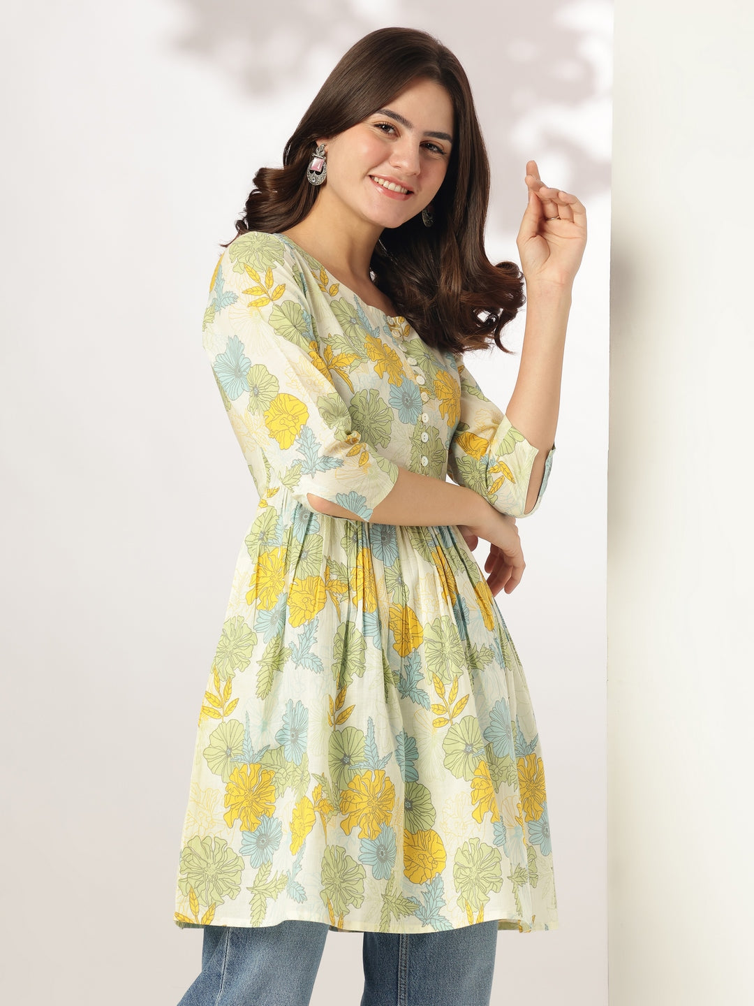 Janasya Light Cotton Floral A-Line Tunic | Grocsy