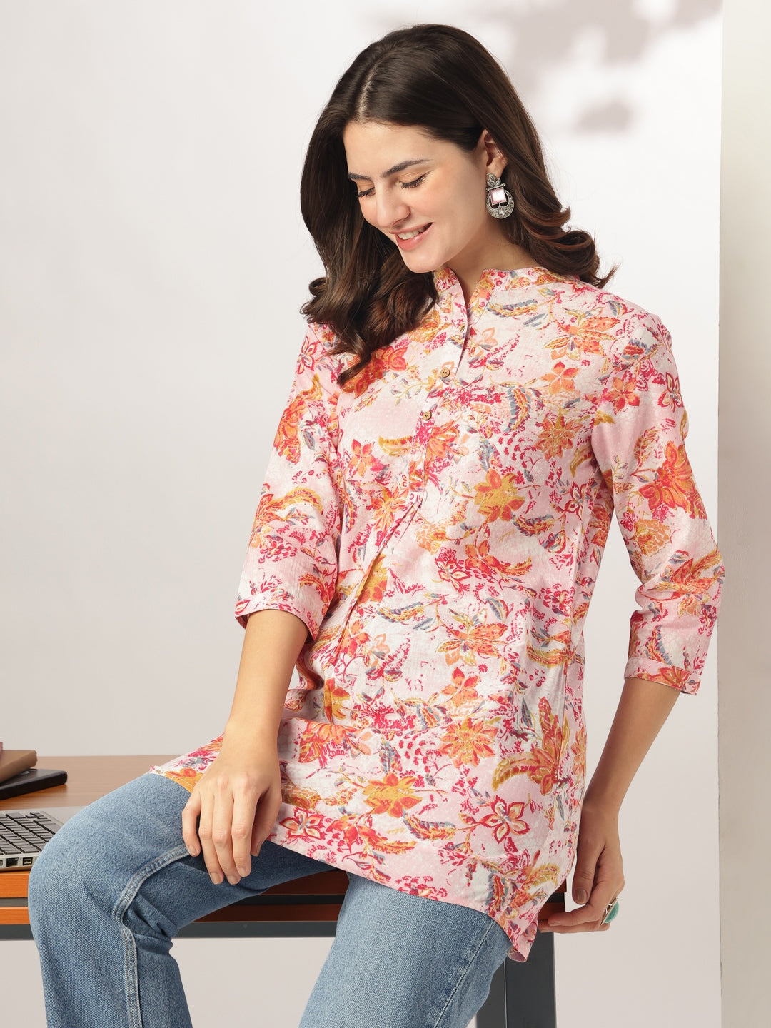 Janasya Light Cotton Floral Straight Tunic | Grocsy