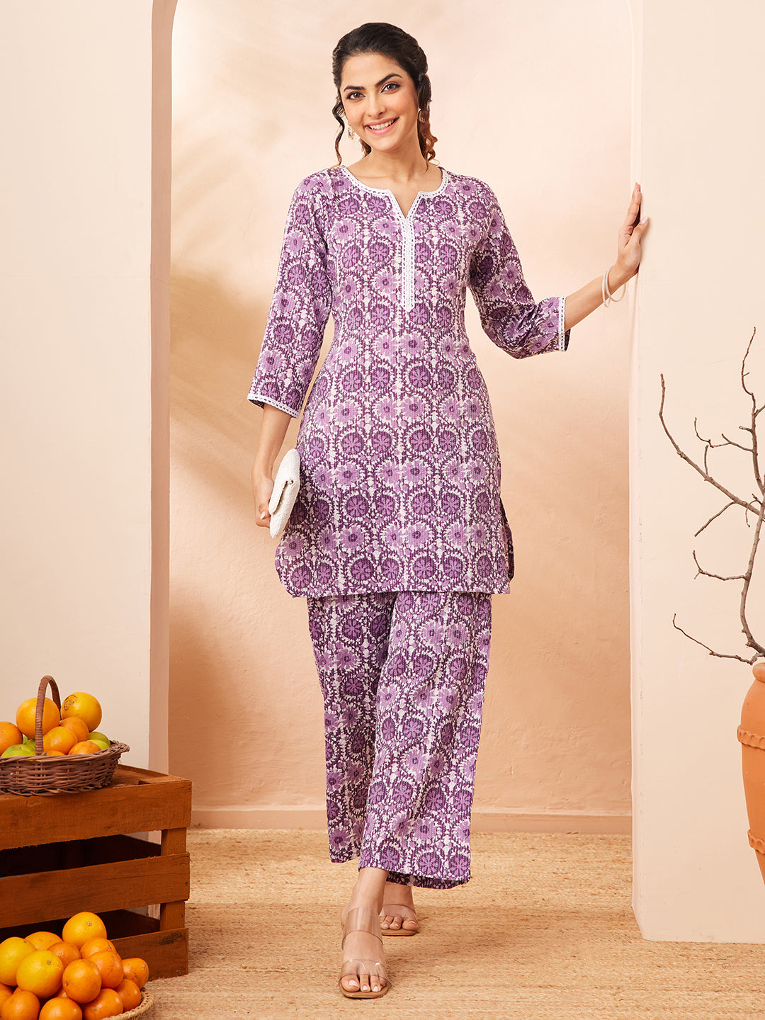 Janasya Purple Straight Cotton Co-Ords | Grocsy