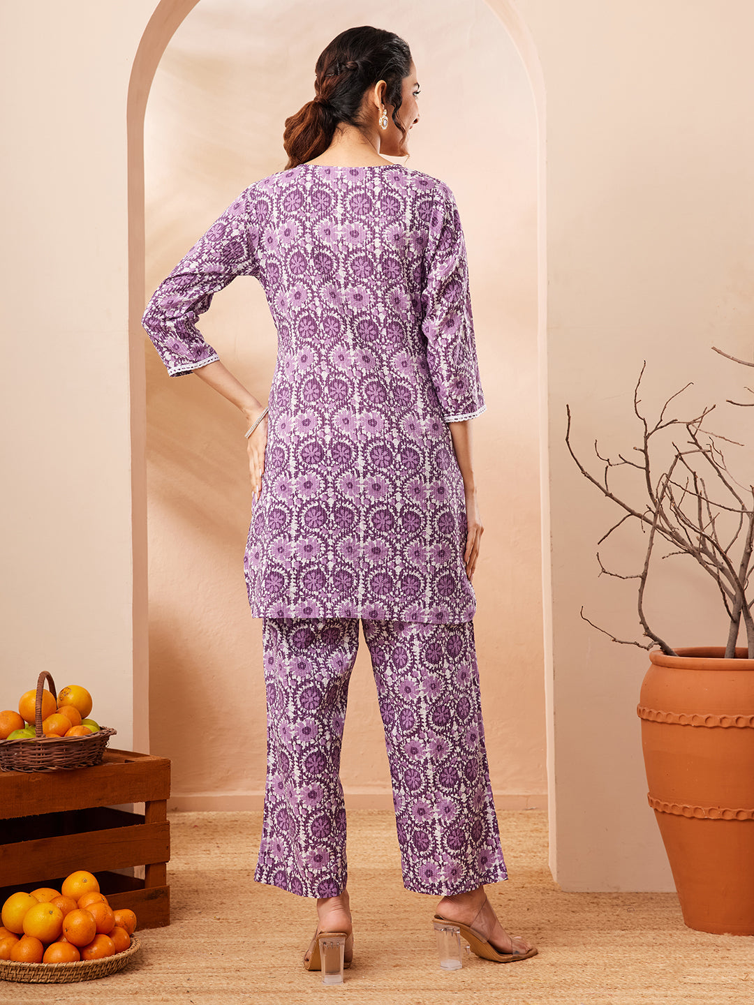 Janasya Purple Straight Cotton Co-Ords | Grocsy