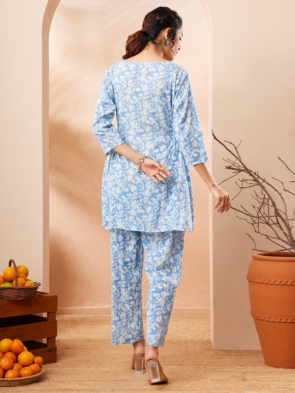 Janasya Light Blue A-Line Cotton Co-Ords | Grocsy
