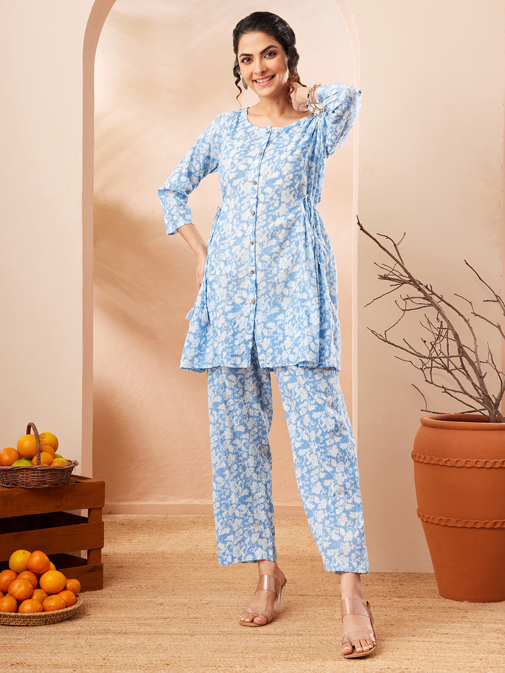 Janasya Light Blue A-Line Cotton Co-Ords | Grocsy