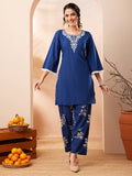 Janasya Blue Straight Cotton Co-Ords | Grocsy
