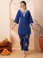 Janasya Blue Straight Cotton Co-Ords | Grocsy