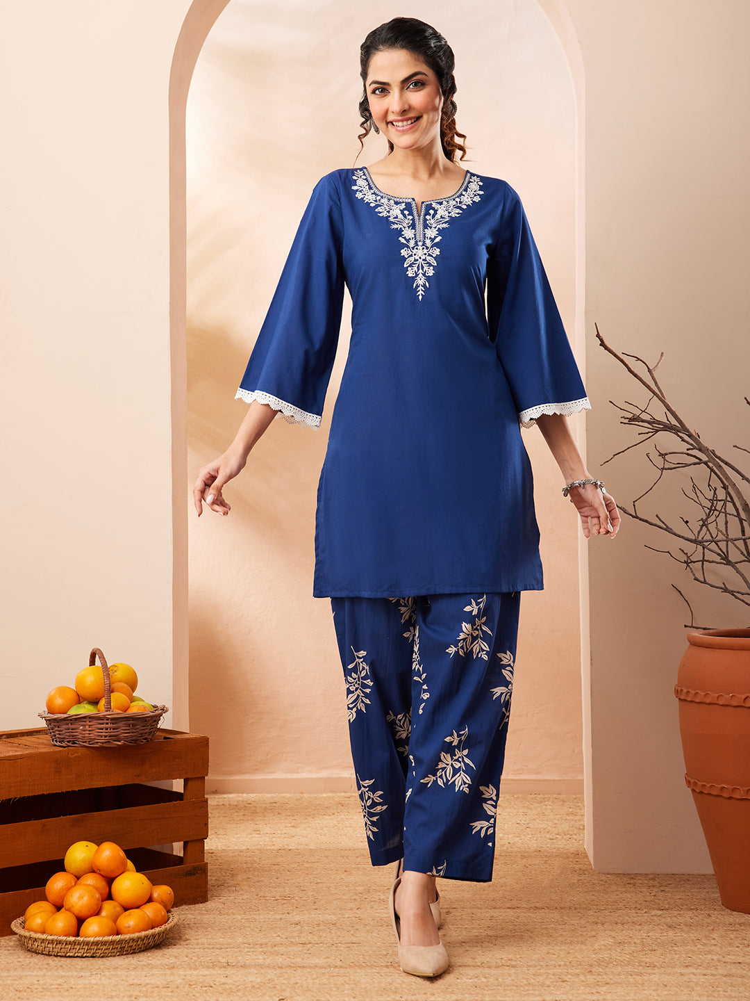 Janasya Blue Straight Cotton Co-Ords | Grocsy