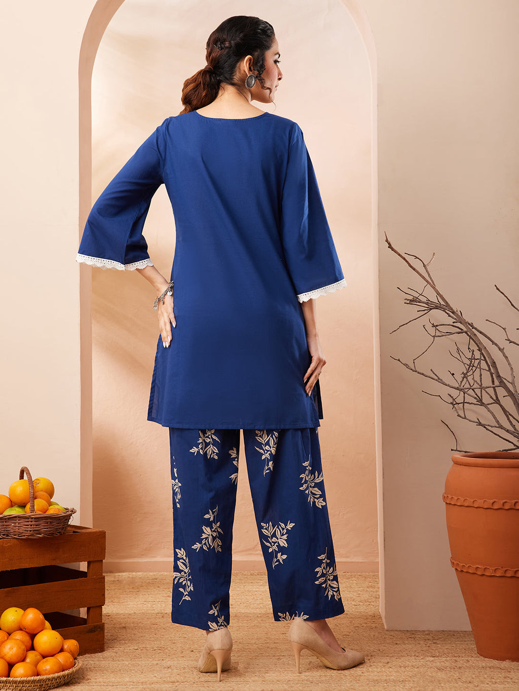 Janasya Blue Straight Cotton Co-Ords | Grocsy