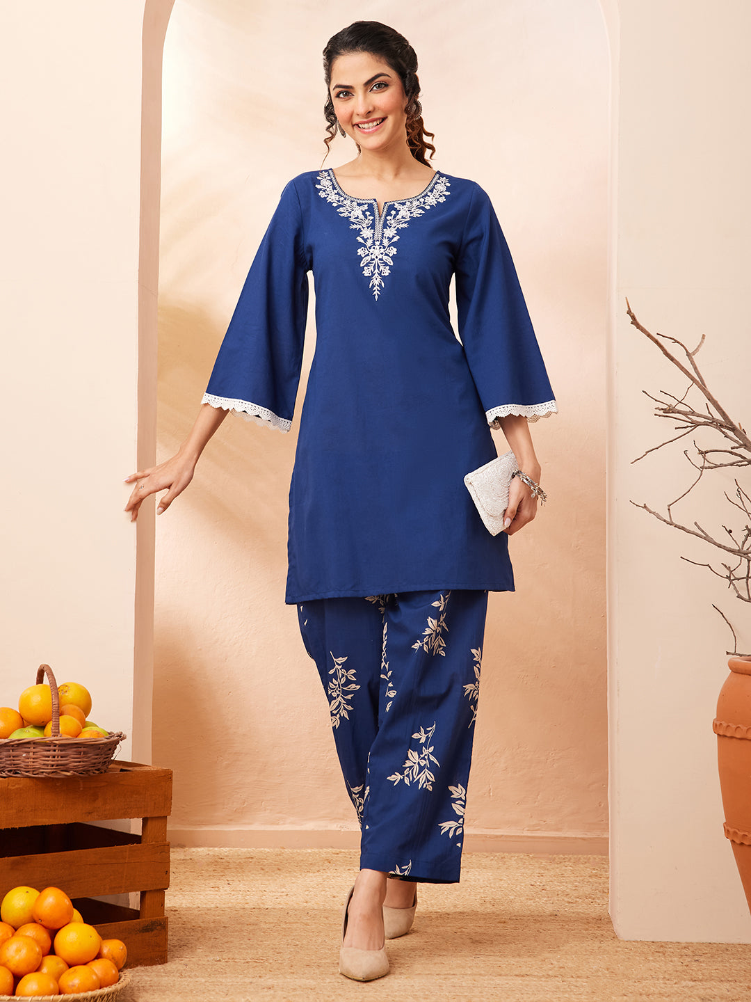 Janasya Blue Straight Cotton Co-Ords | Grocsy