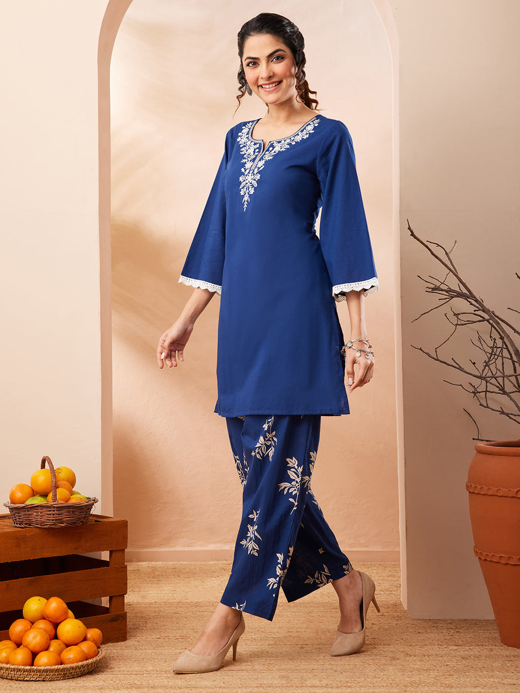 Janasya Blue Straight Cotton Co-Ords | Grocsy