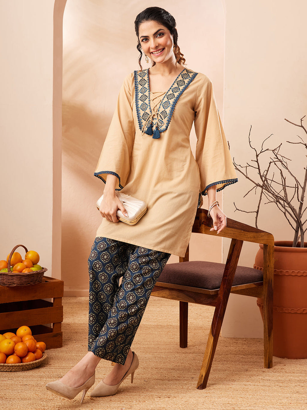 Janasya Beige Straight Cotton Co-Ords | Grocsy