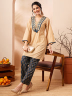 Janasya Beige Straight Cotton Co-Ords | Grocsy