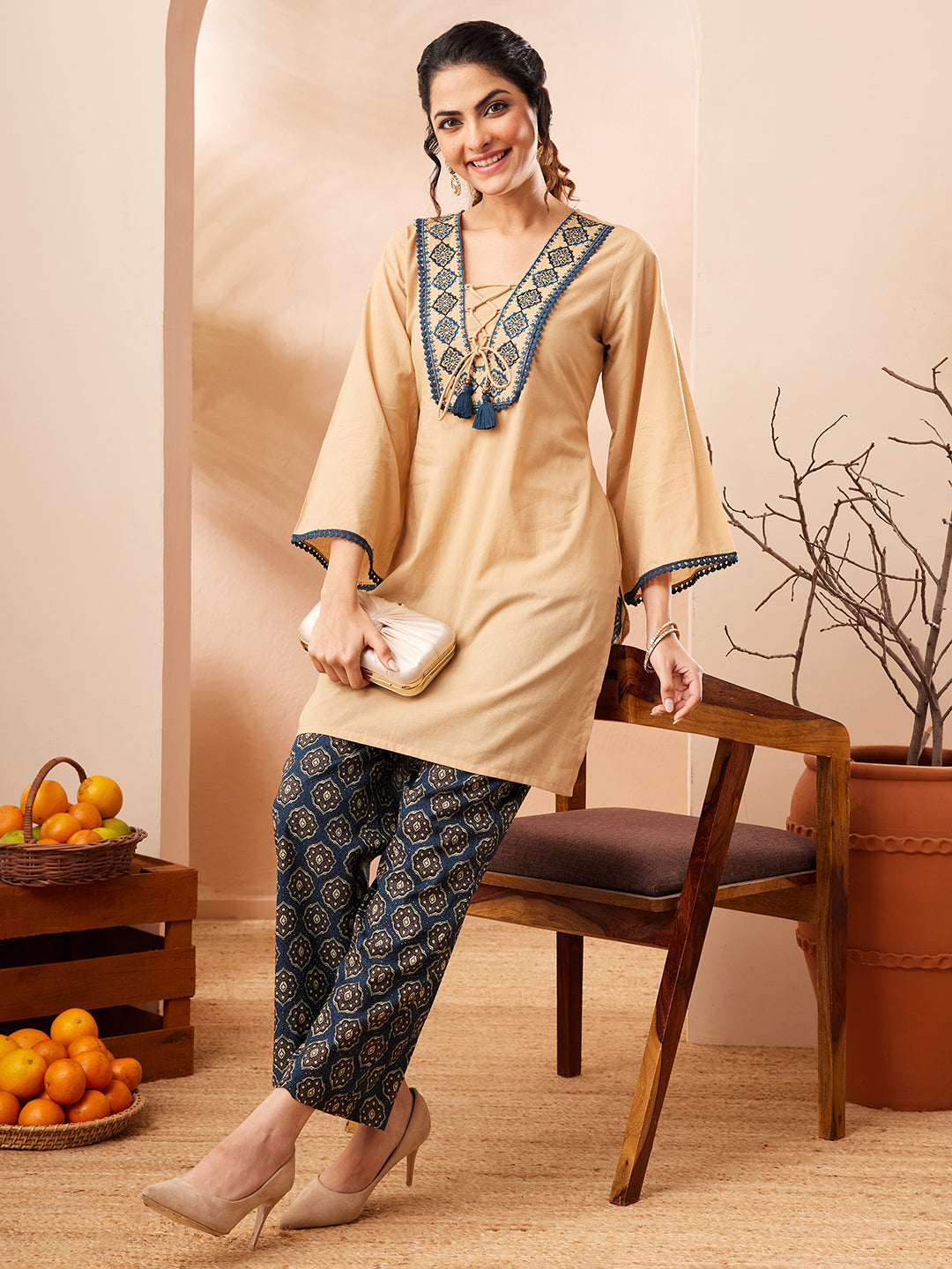 Janasya Beige Straight Cotton Co-Ords | Grocsy