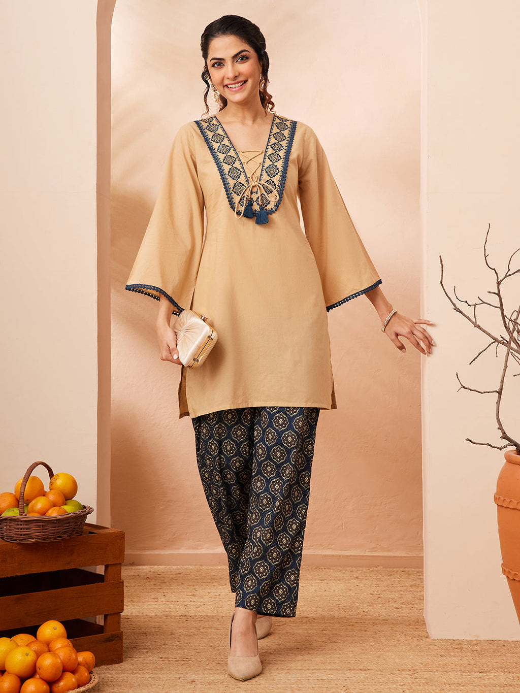 Janasya Beige Straight Cotton Co-Ords | Grocsy