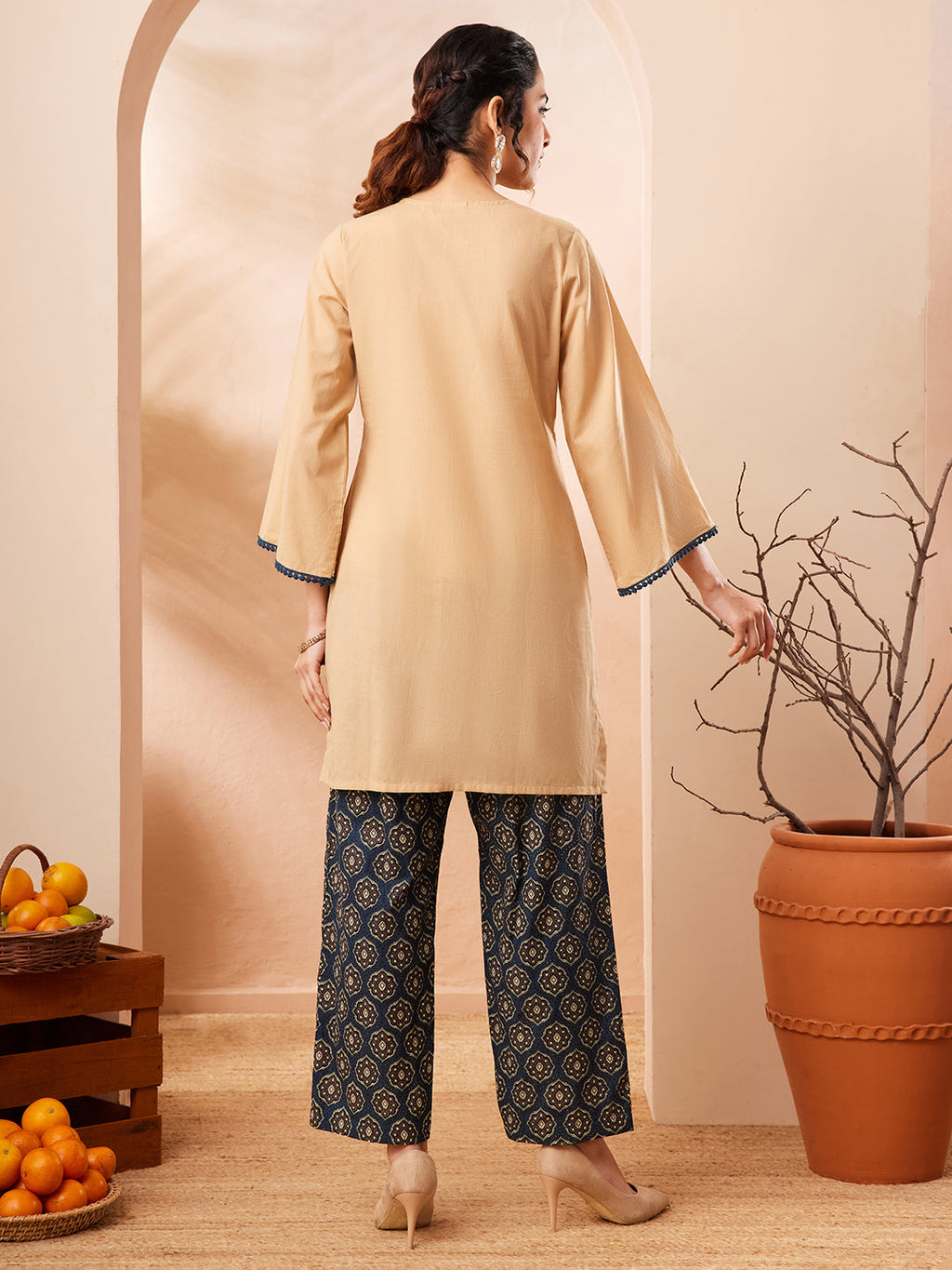 Janasya Beige Straight Cotton Co-Ords | Grocsy