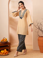 Janasya Beige Straight Cotton Co-Ords | Grocsy