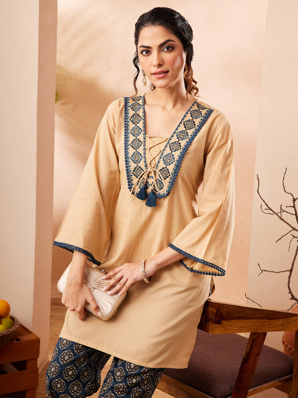 Janasya Beige Straight Cotton Co-Ords | Grocsy