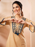 Janasya Beige Straight Cotton Co-Ords | Grocsy