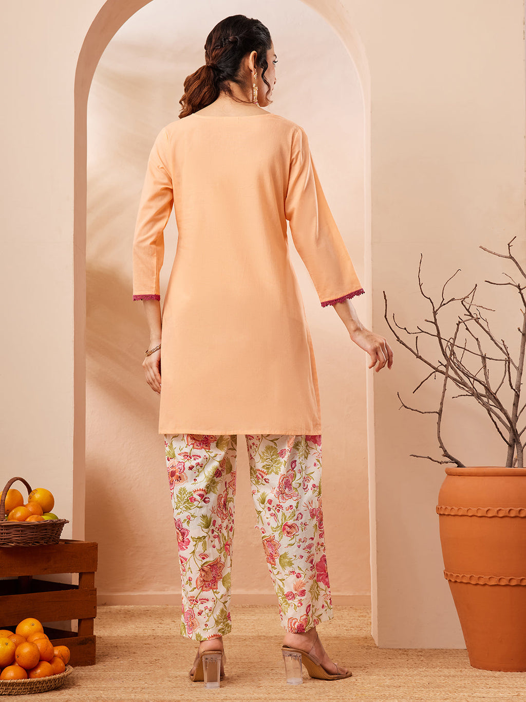 Janasya Peach Straight Cotton Co-Ords | Grocsy