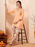 Janasya Peach Straight Cotton Co-Ords | Grocsy