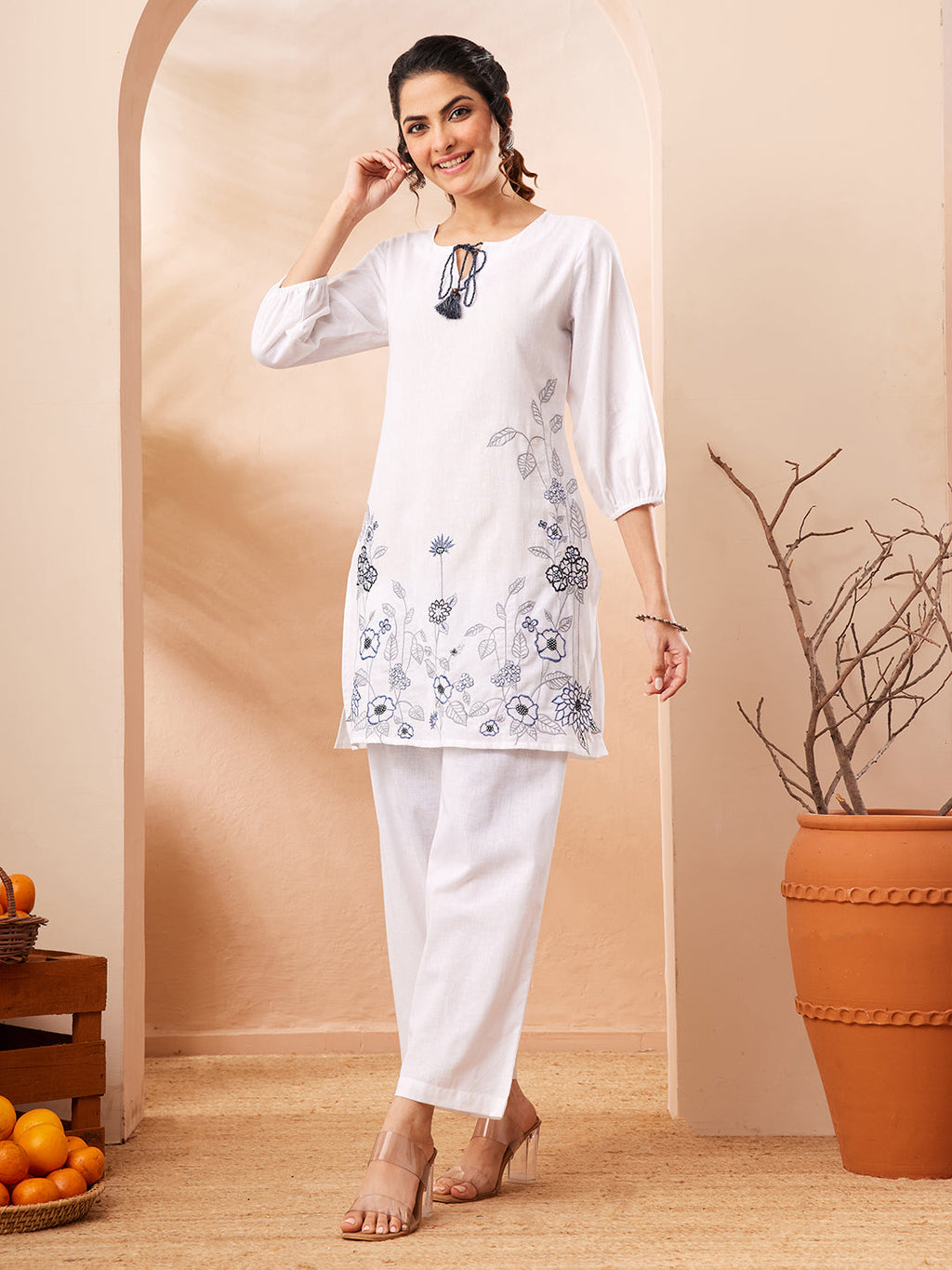 Janasya White Straight Cotton Co-Ords | Grocsy