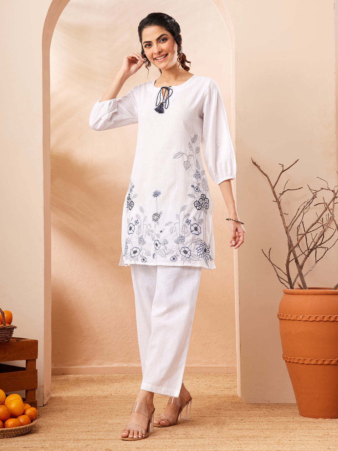 Janasya White Straight Cotton Co-Ords | Grocsy