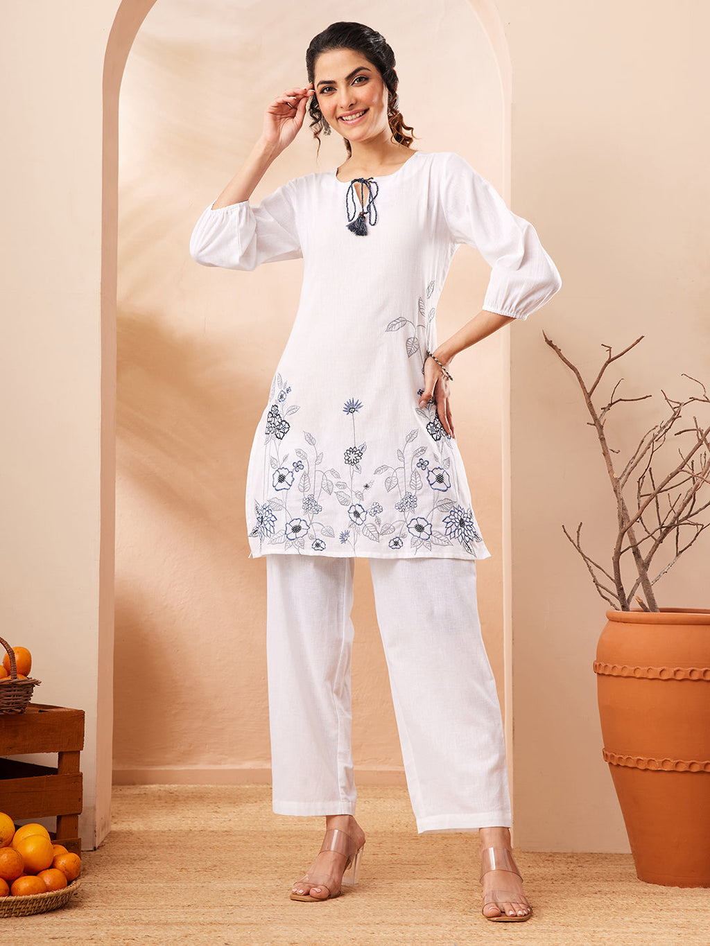 Janasya White Straight Cotton Co-Ords | Grocsy