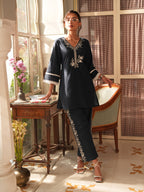 Janasya Navy Blue Straight Cotton Pant Co-ord Sets | Grocsy