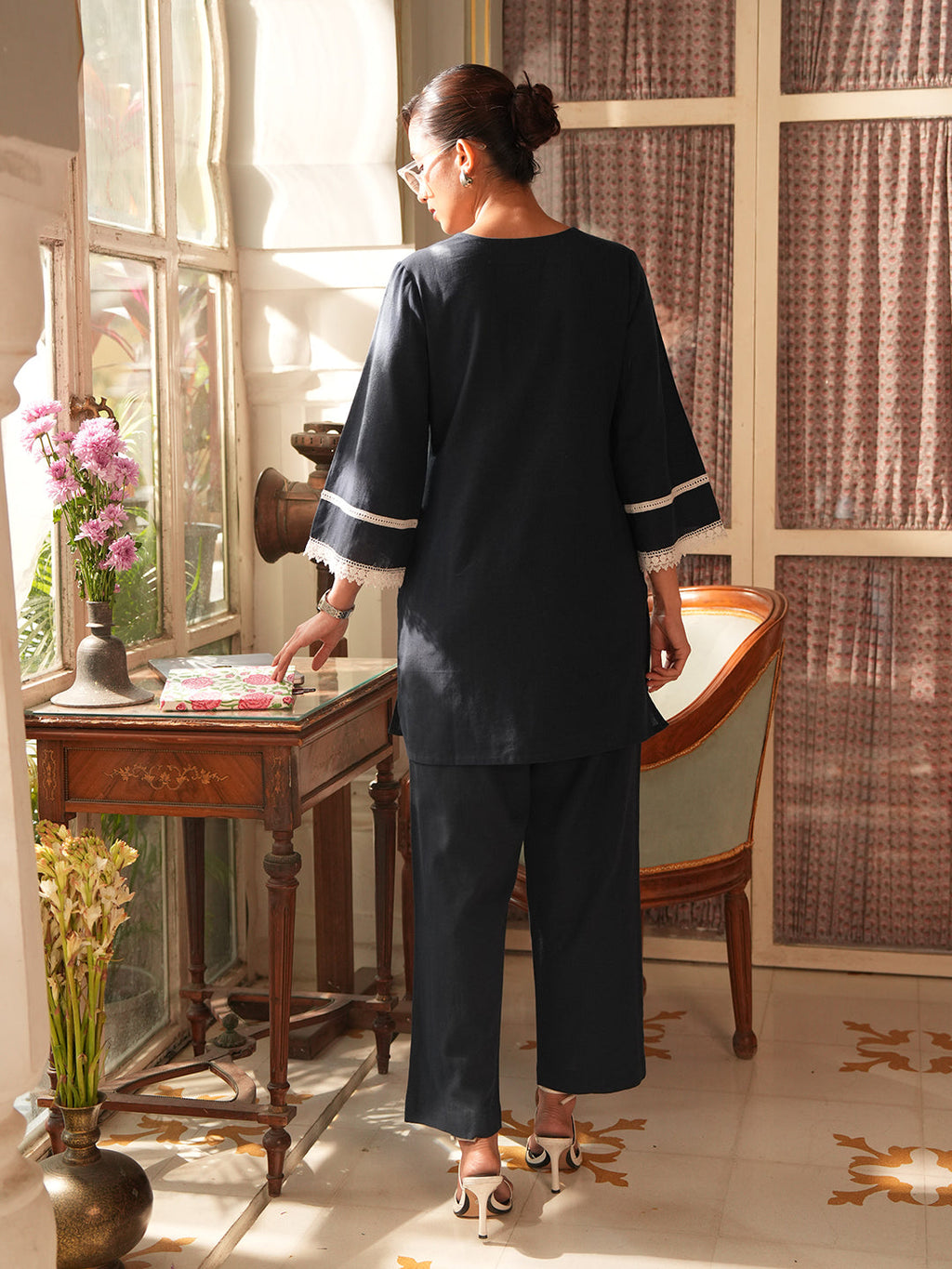 Janasya Navy Blue Straight Cotton Pant Co-ord Sets | Grocsy