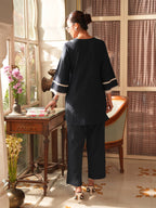 Janasya Navy Blue Straight Cotton Pant Co-ord Sets | Grocsy