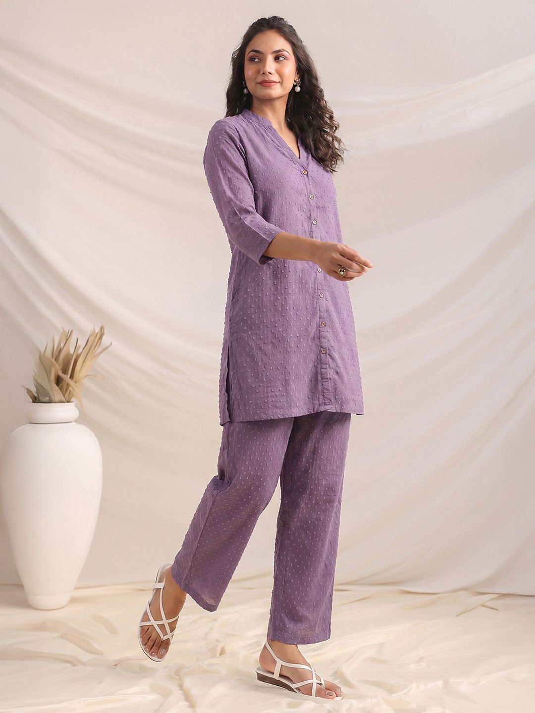 Janasya Lavender A-Line Dobby Chiffon Pant Co-ord Sets | Grocsy
